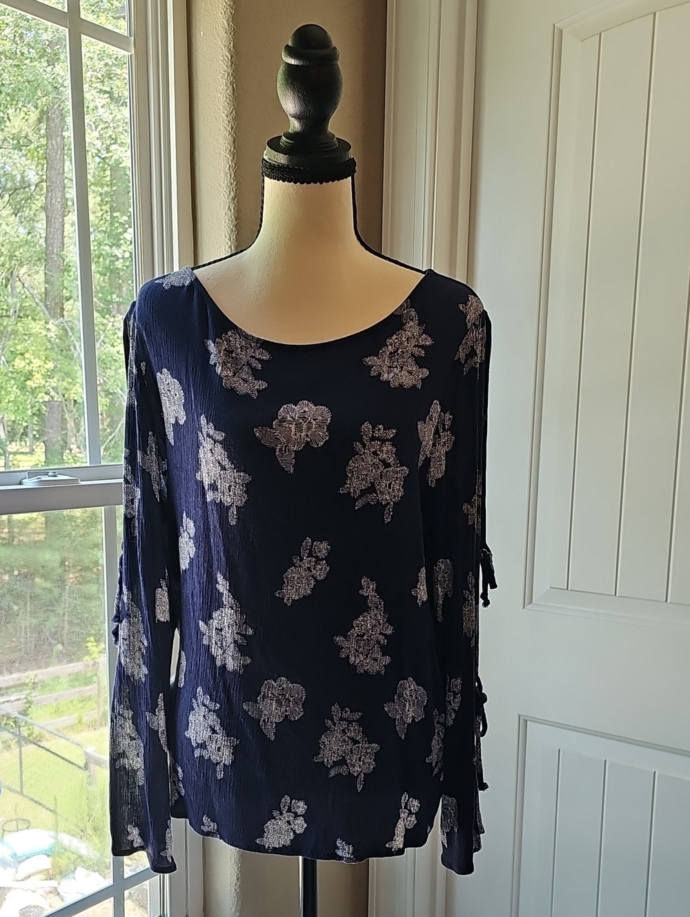 Kaileigh Navy Long-Sleeve Blouse with Silver Floral Motif